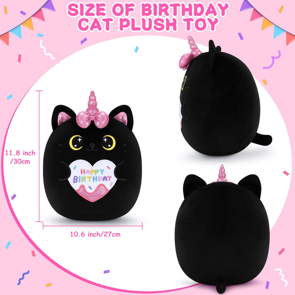 Auspicious Beginning 11-Inch Black Unicorn Cat Plush – Soft Kawaii Birthday Gift for Kids and Adults
