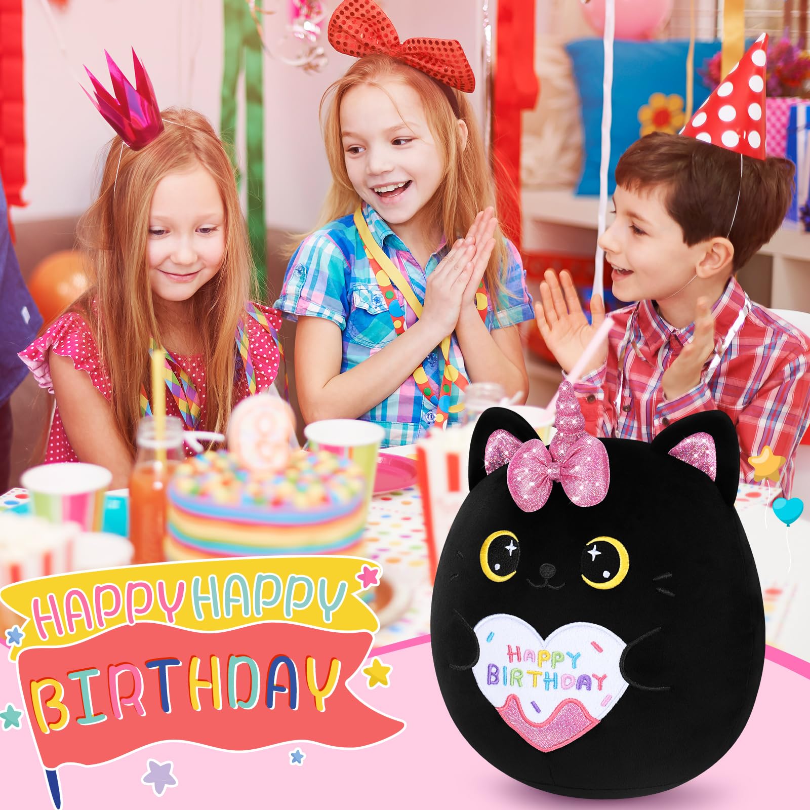 Auspicious Beginning 11-Inch Black Unicorn Cat Plush – Soft Kawaii Birthday Gift for Kids and Adults