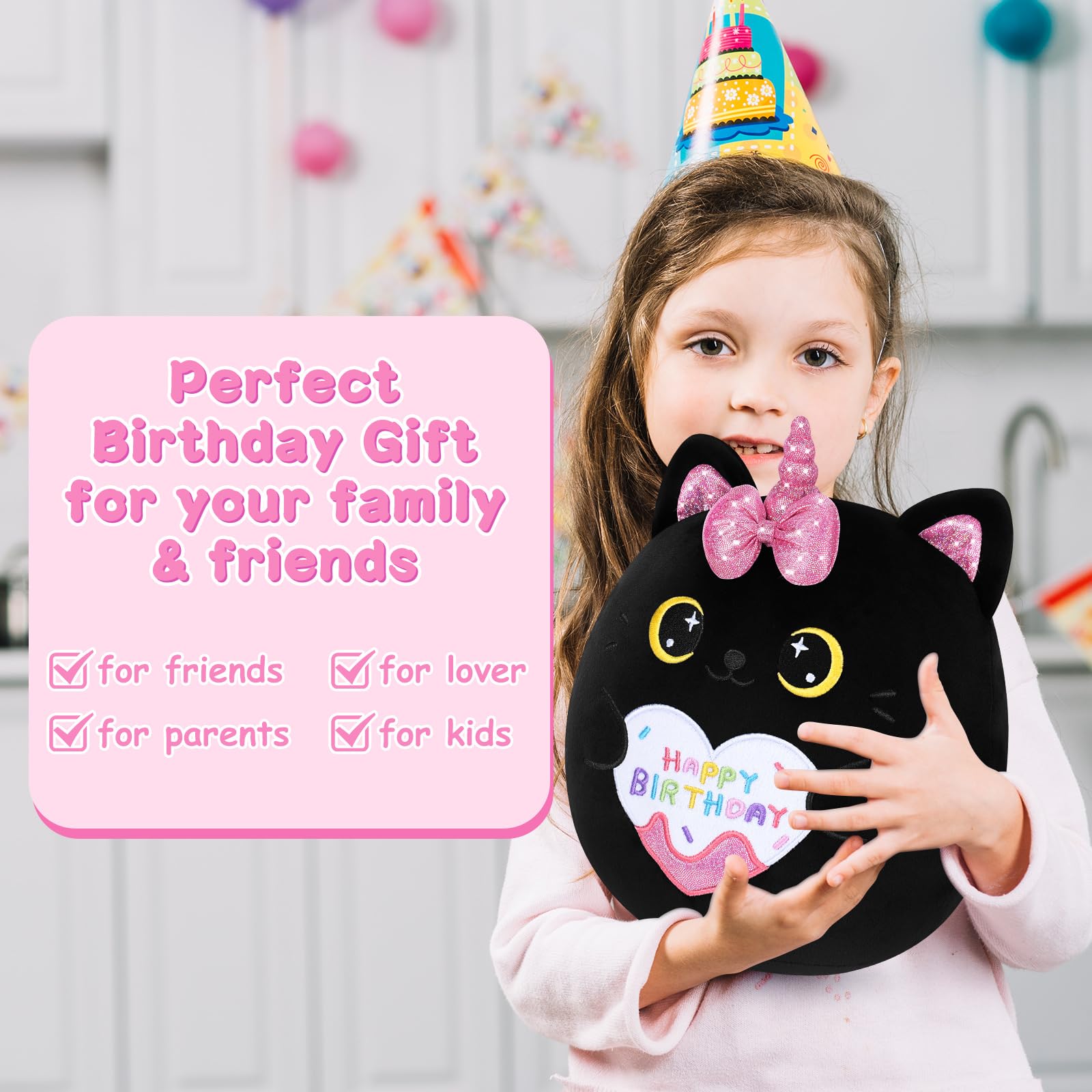 Auspicious Beginning 11-Inch Black Unicorn Cat Plush – Soft Kawaii Birthday Gift for Kids and Adults