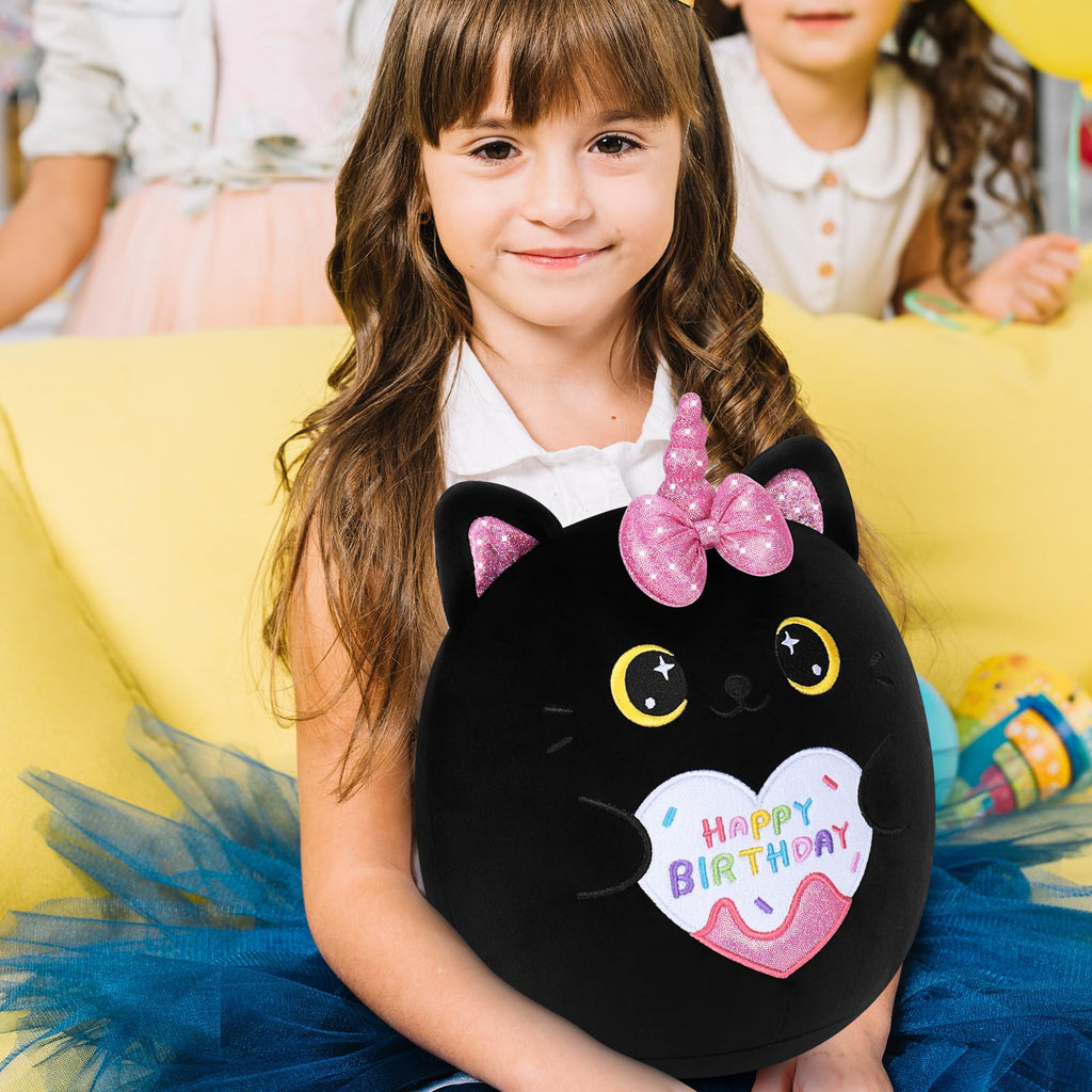 Auspicious Beginning 11-Inch Black Unicorn Cat Plush – Soft Kawaii Birthday Gift for Kids and Adults