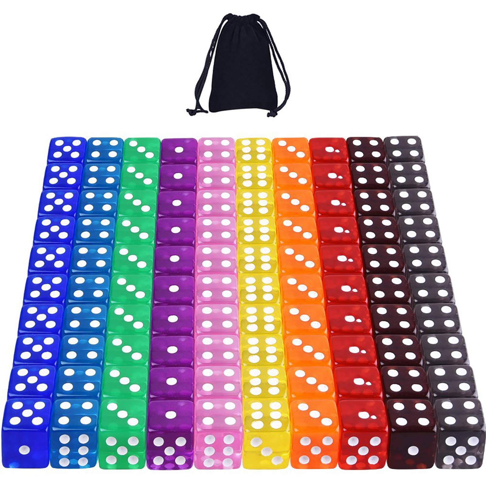 AUSTOR 100-Piece 16mm Transparent Dice Set – 10 Colors Square Corner Dice for Tenzi, Farkle, Yahtzee, Bunco, Teaching Math, with Velvet Pouch