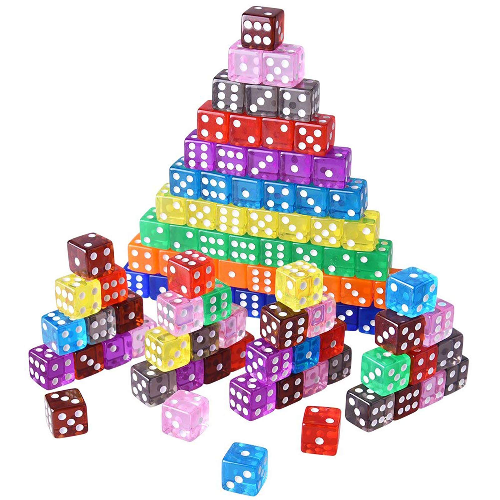 AUSTOR 100-Piece 16mm Transparent Dice Set – 10 Colors Square Corner Dice for Tenzi, Farkle, Yahtzee, Bunco, Teaching Math, with Velvet Pouch