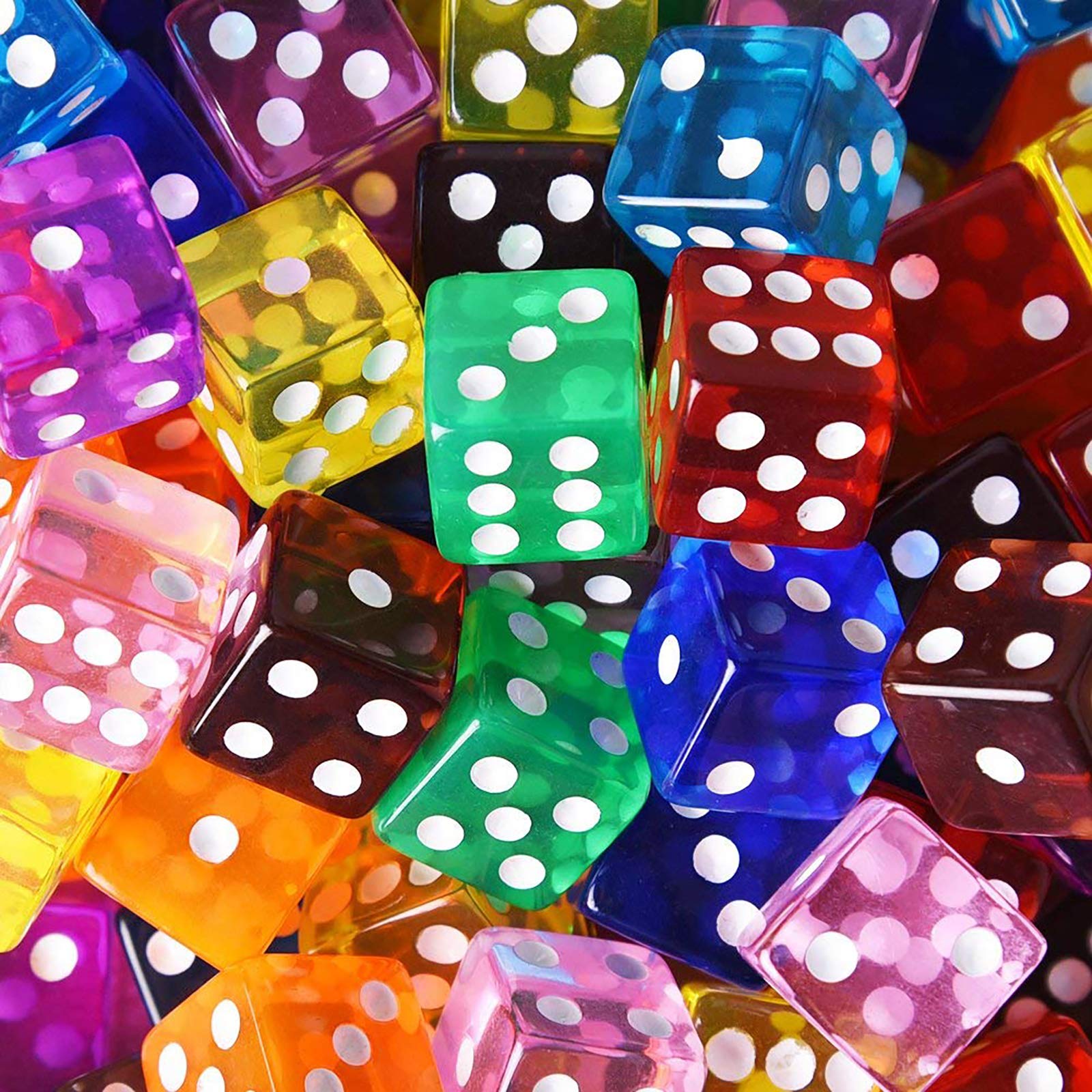 AUSTOR 100-Piece 16mm Transparent Dice Set – 10 Colors Square Corner Dice for Tenzi, Farkle, Yahtzee, Bunco, Teaching Math, with Velvet Pouch