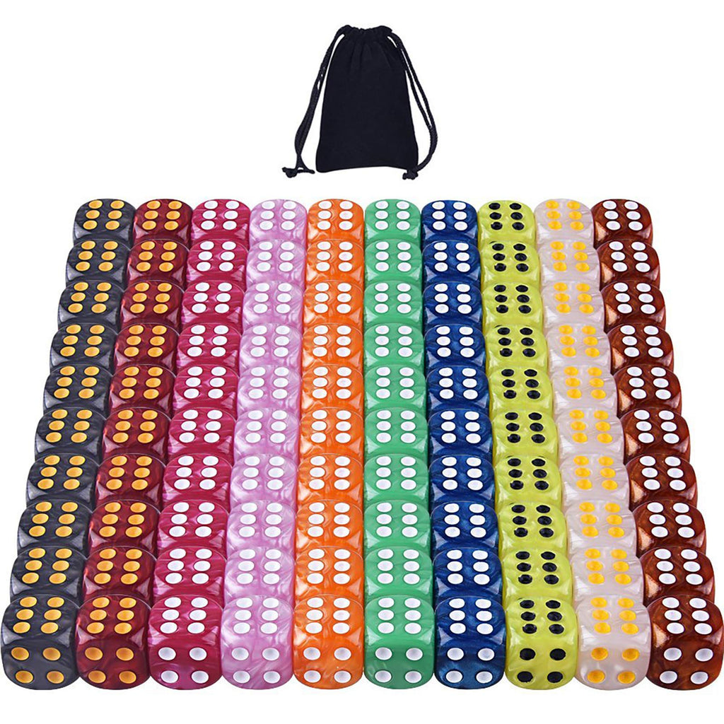 AUSTOR 100-Piece 6-Sided Dice Set – 10 Pearl Colors, Rounded Edges, Velvet Pouch for Tenzi, Farkle, Yahtzee, Bunco & Math