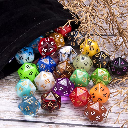 AUSTOR 42-Piece D20 Dice Set – Mixed Colors, Black Velvet Pouch (for D&D, RPG, Table Games)