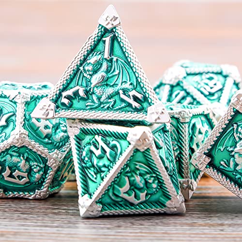 AUSTOR 7-Die Metal DND Dice Set – Dragon-Themed Zinc Alloy Dice with Storage Box