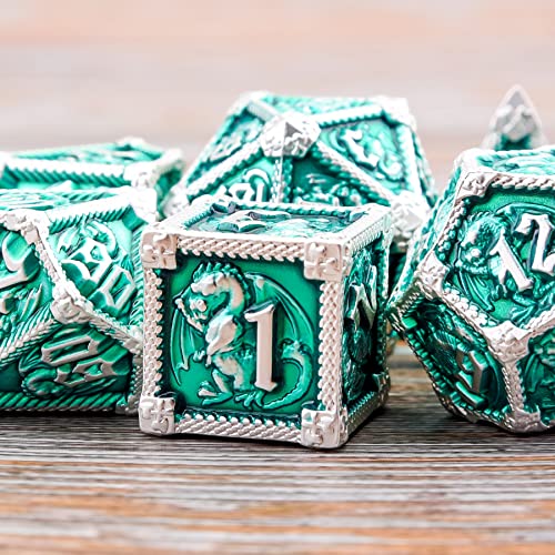 AUSTOR 7-Die Metal DND Dice Set – Dragon-Themed Zinc Alloy Dice with Storage Box