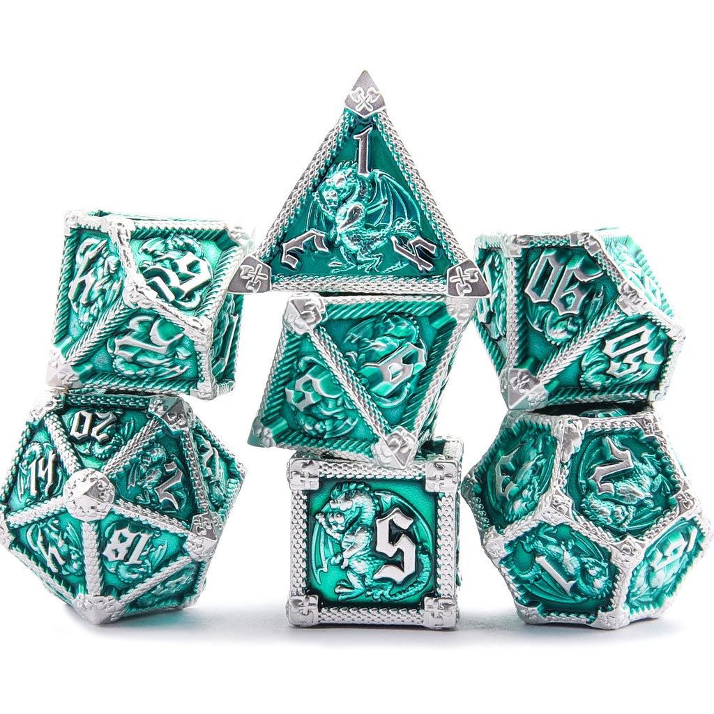 AUSTOR 7-Die Metal DND Dice Set – Dragon-Themed Zinc Alloy Dice with Storage Box