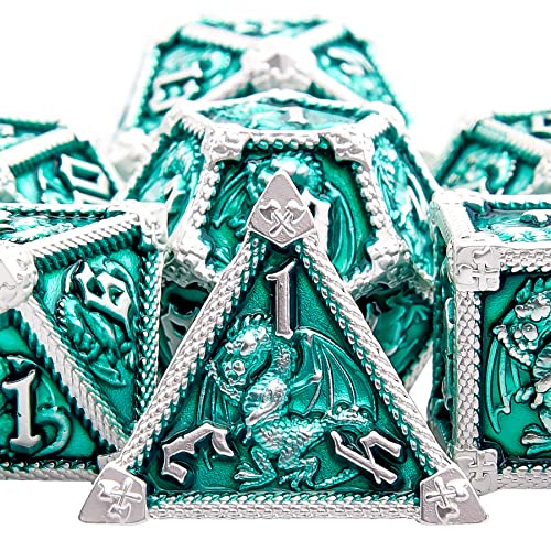 AUSTOR 7-Die Metal DND Dice Set – Dragon-Themed Zinc Alloy Dice with Storage Box
