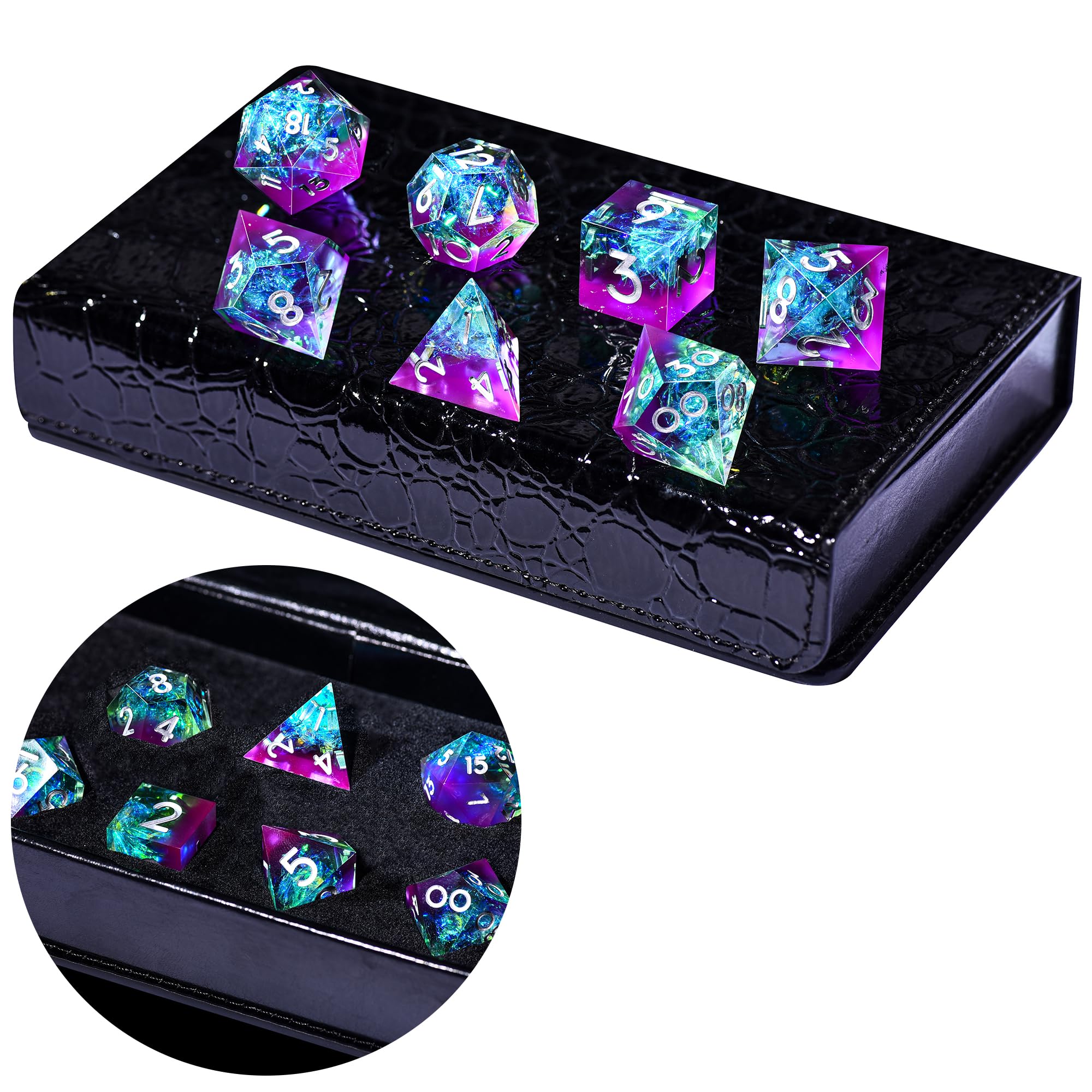 AUSTOR 7-Die Sharp Edge Polyhedral Dice Set – Handmade Resin Dice for D&D RPG MTG (Violet & Blue)