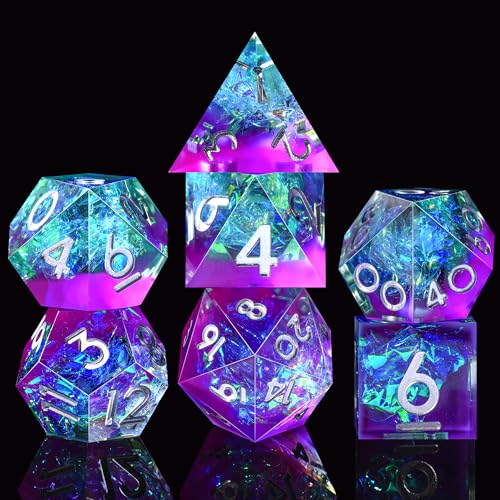 AUSTOR 7-Die Sharp Edge Polyhedral Dice Set – Handmade Resin Dice for D&D RPG MTG (Violet & Blue)