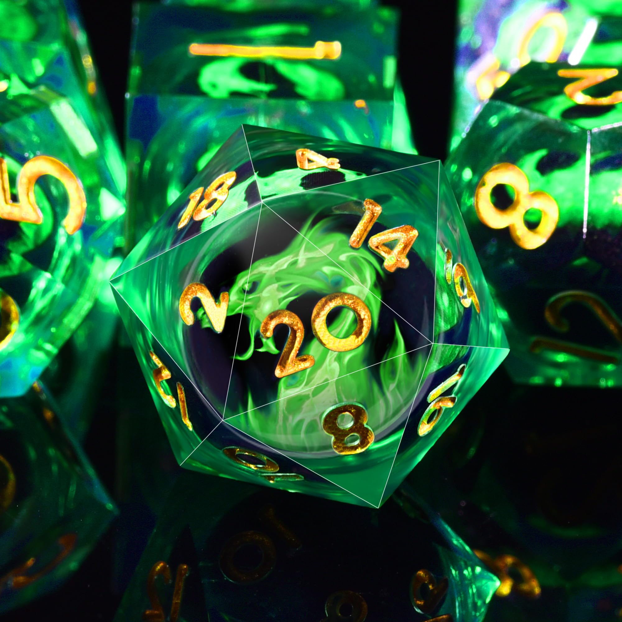 AUSTOR 7-Piece Green Flame Dragon Resin DND Dice Set - Sharp Edge Polyhedral Dice with Storage Box