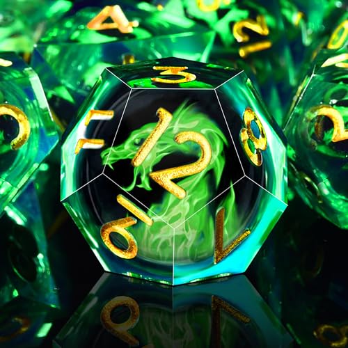 AUSTOR 7-Piece Green Flame Dragon Resin DND Dice Set - Sharp Edge Polyhedral Dice with Storage Box