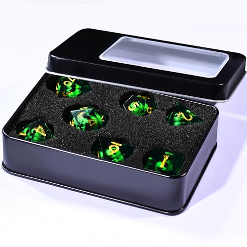 AUSTOR 7-Piece Green Flame Dragon Resin DND Dice Set - Sharp Edge Polyhedral Dice with Storage Box