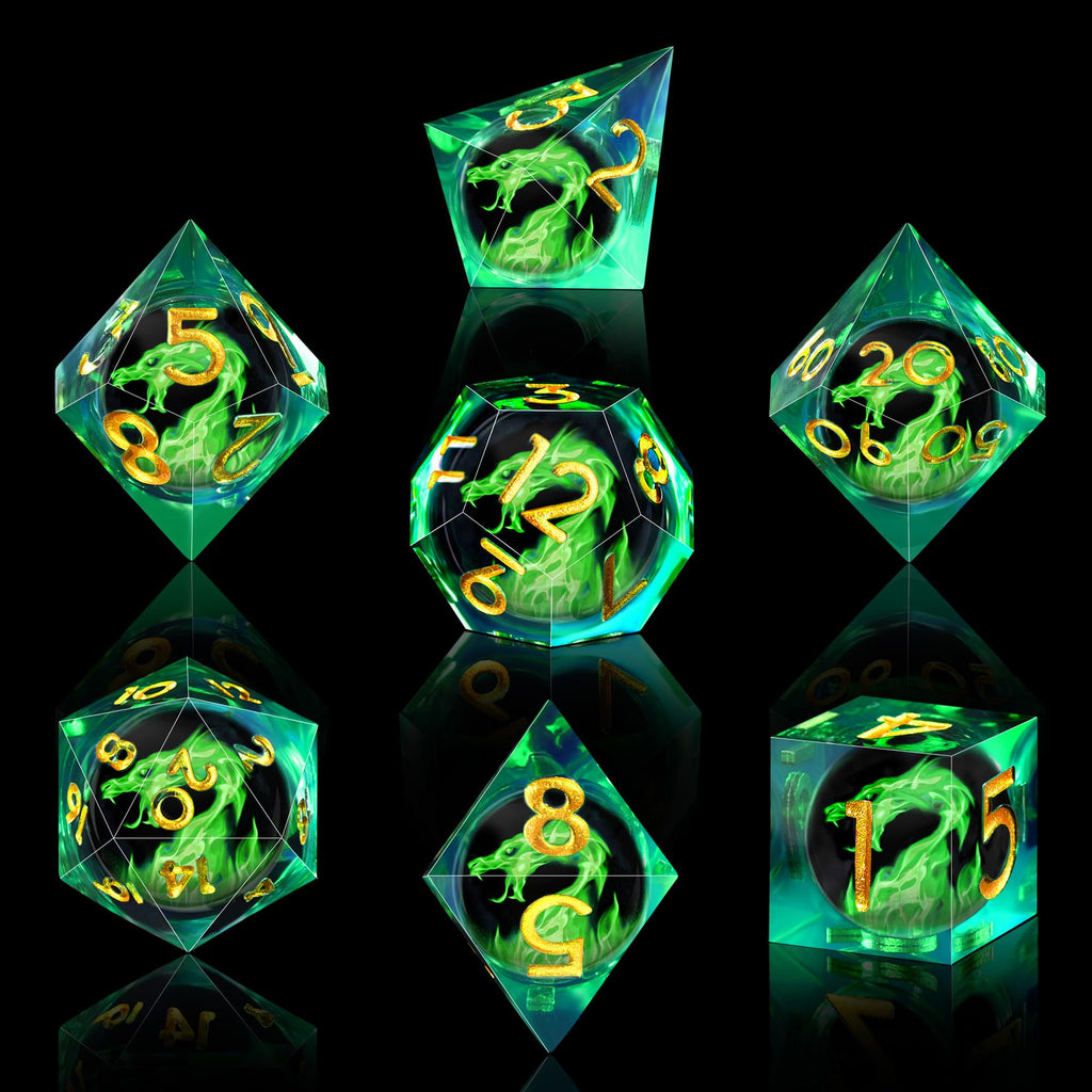 AUSTOR 7-Piece Green Flame Dragon Resin DND Dice Set - Sharp Edge Polyhedral Dice with Storage Box