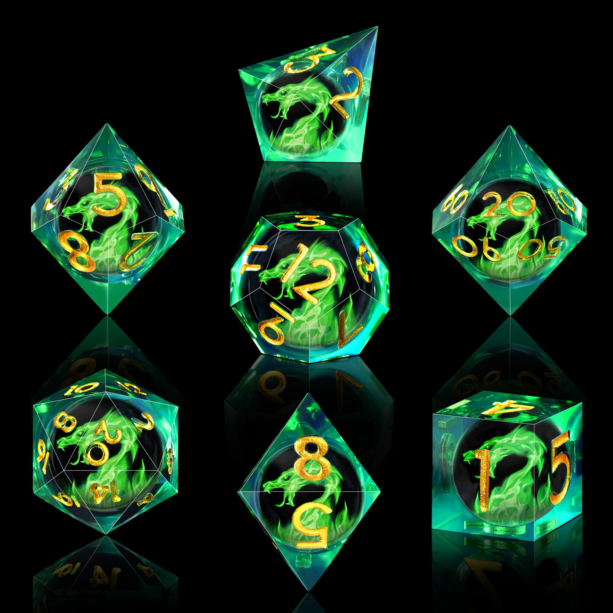 AUSTOR 7-Piece Green Flame Dragon Resin DND Dice Set - Sharp Edge Polyhedral Dice with Storage Box