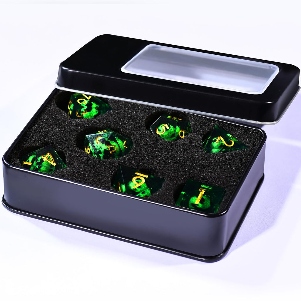 AUSTOR 7-Piece Green Flame Dragon Resin DND Dice Set - Sharp Edge Polyhedral Dice with Storage Box