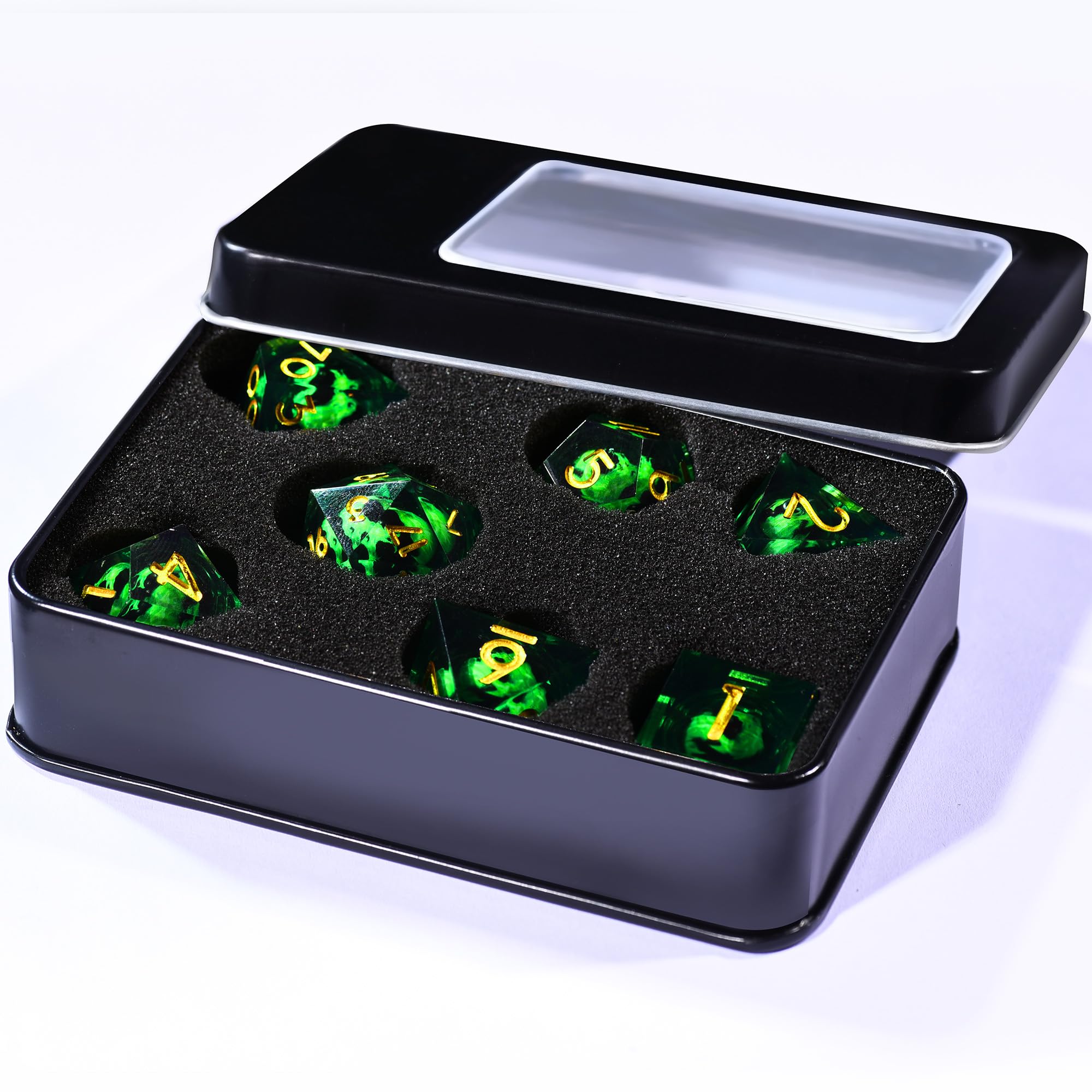AUSTOR 7-Piece Green Flame Dragon Resin DND Dice Set - Sharp Edge Polyhedral Dice with Storage Box