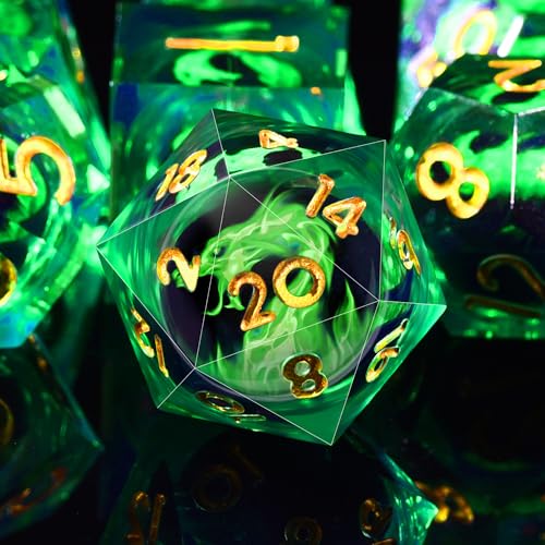 AUSTOR 7-Piece Green Flame Dragon Resin DND Dice Set - Sharp Edge Polyhedral Dice with Storage Box