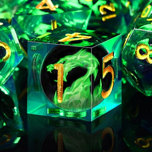 AUSTOR 7-Piece Green Flame Dragon Resin DND Dice Set - Sharp Edge Polyhedral Dice with Storage Box