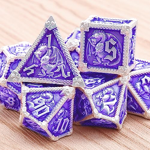 AUSTOR Metal D&D Dice Set - 7 Polyhedral Dice with Dragon Design, Zinc Alloy, Storage Box Included