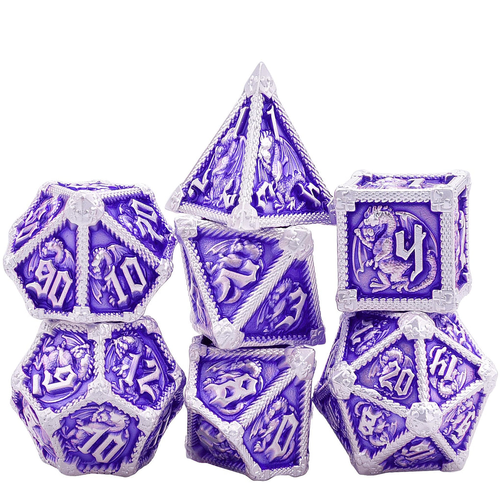 AUSTOR Metal D&D Dice Set - 7 Polyhedral Dice with Dragon Design, Zinc Alloy, Storage Box Included