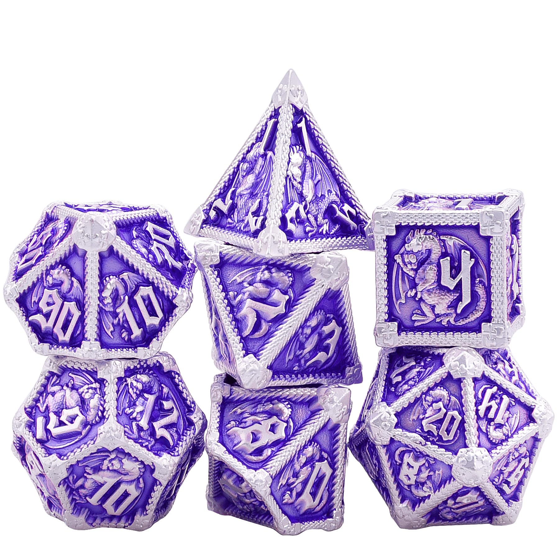 AUSTOR Metal D&D Dice Set - 7 Polyhedral Dice with Dragon Design, Zinc Alloy, Storage Box Included