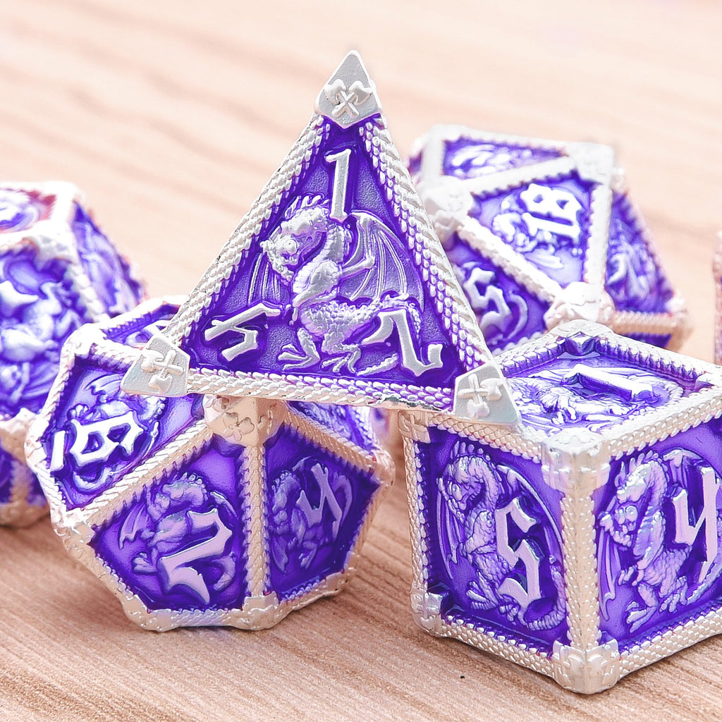 AUSTOR Metal D&D Dice Set - 7 Polyhedral Dice with Dragon Design, Zinc Alloy, Storage Box Included