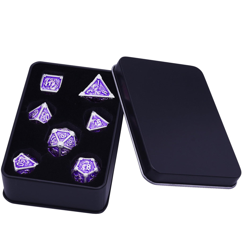 AUSTOR Metal D&D Dice Set - 7 Polyhedral Dice with Dragon Design, Zinc Alloy, Storage Box Included