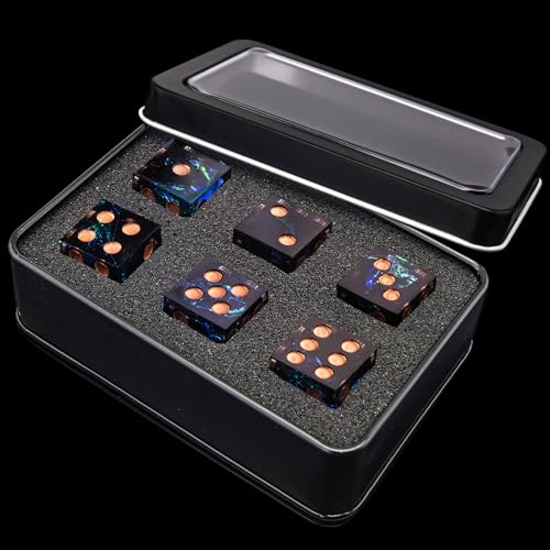 AUSTOR Sharp Edge Resin D6 Dice Set – 6 Pieces 16mm Handmade Dice with Metal Case for Yahtzee, Bunco, and Math Games