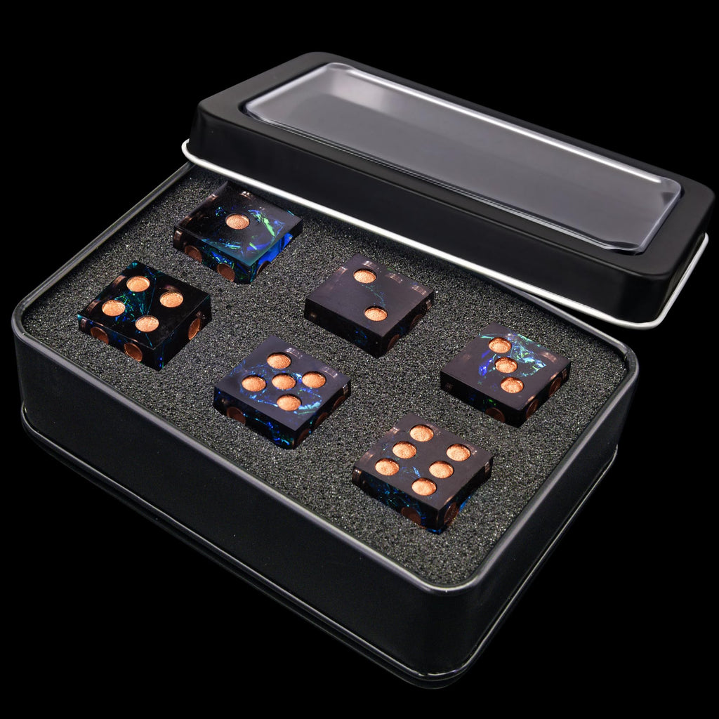 AUSTOR Sharp Edge Resin D6 Dice Set – 6 Pieces 16mm Handmade Dice with Metal Case for Yahtzee, Bunco, and Math Games