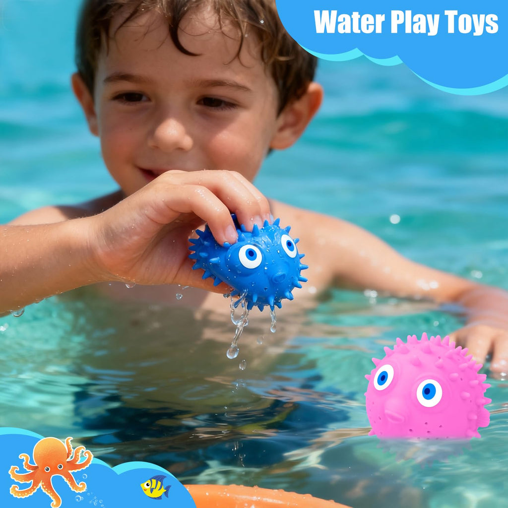 Auvitaya Pufferfish Water Balls - 4 Pack Sensory Stress Relief Floating Pool Toys for Kids