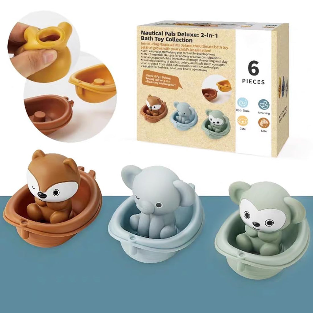 Auvitaya Stackable Boat Bath Toys with Finger Puppets – Baby Bathtub Stacking Set