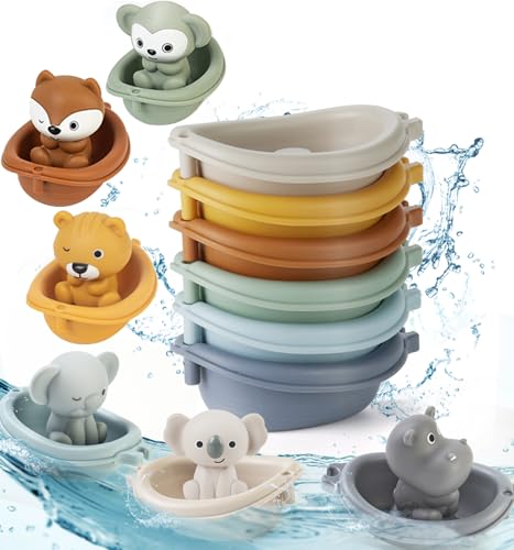 Auvitaya Stackable Boat Bath Toys with Finger Puppets – Baby Bathtub Stacking Set