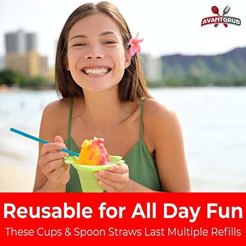 Avant Grub 10-Pack Reusable 4oz Snow Cone Cups with Flower Drip-Catching Rim and Spoon Straws