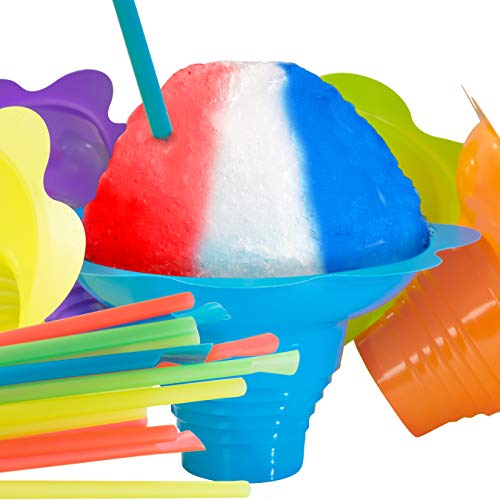 Avant Grub 10-Pack Reusable 4oz Snow Cone Cups with Flower Drip-Catching Rim and Spoon Straws