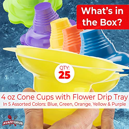 Avant Grub 25-Pack Reusable 4oz Flower Snow Cone Cups – Leakproof, Drip-Catching, Standalone Design for Parties, Shaved Ice, Ice Cream, and Snacks