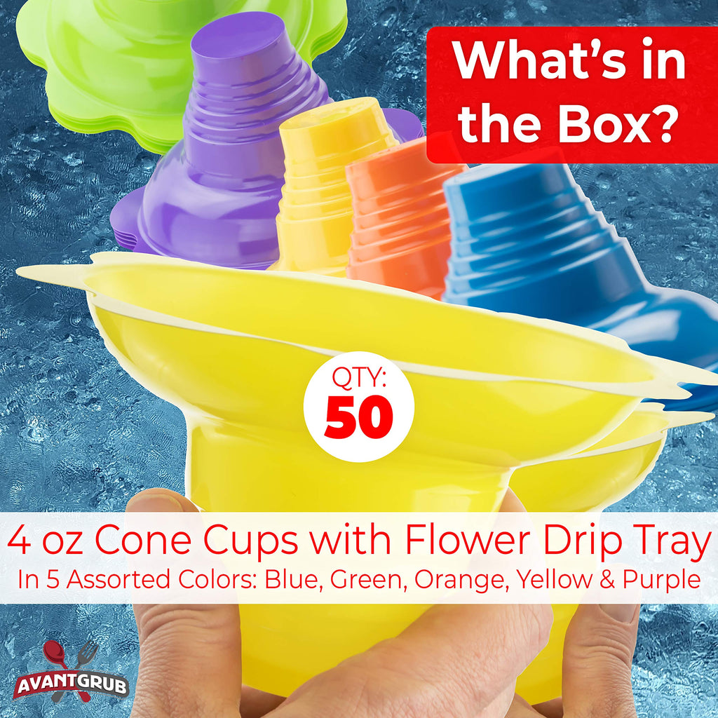 Avant Grub 4oz Reusable Snow Cone Cups 50-Pack – Leakproof Drip-Catching Flower Rims for Mess-Free Treats