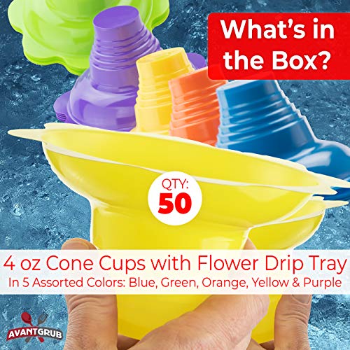 Avant Grub 4oz Reusable Snow Cone Cups 50-Pack – Leakproof Drip-Catching Flower Rims for Mess-Free Treats