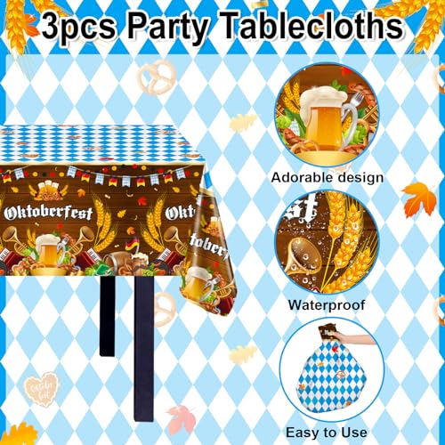 Avezano 3-Pack Blue & White Checkered Oktoberfest Tablecloths - 108x54 Inch Disposable Plastic Tablecovers for Beer Festival Party Decor