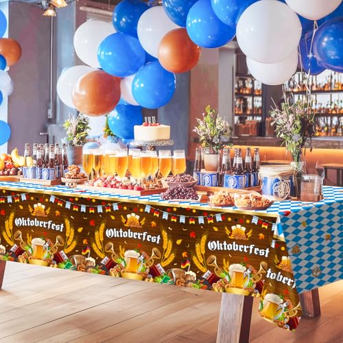 Avezano 3-Pack Blue & White Checkered Oktoberfest Tablecloths - 108x54 Inch Disposable Plastic Tablecovers for Beer Festival Party Decor