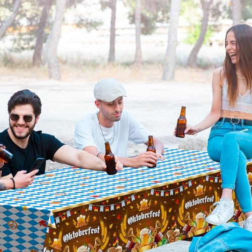 Avezano 3-Pack Blue & White Checkered Oktoberfest Tablecloths - 108x54 Inch Disposable Plastic Tablecovers for Beer Festival Party Decor
