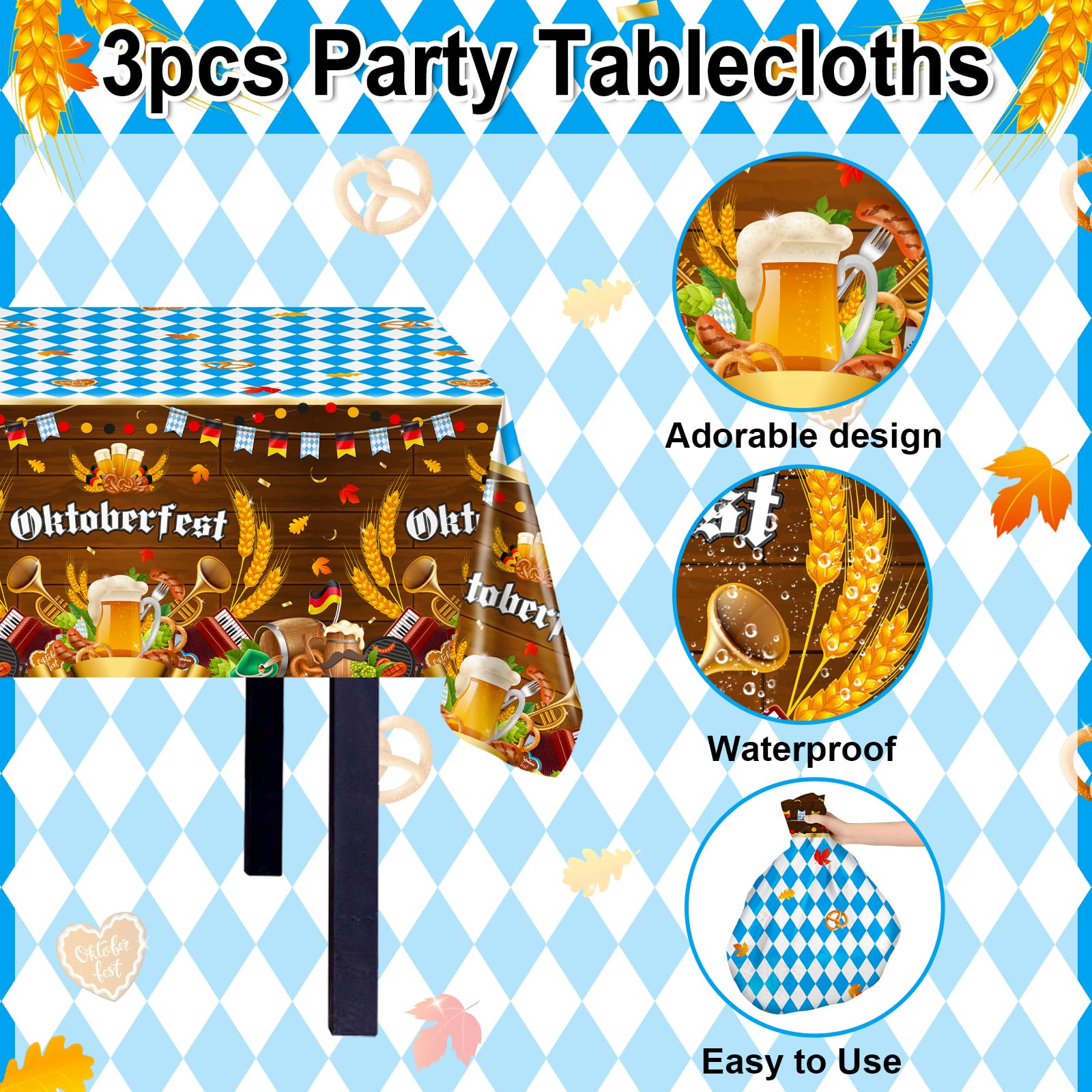 Avezano 3-Pack Blue & White Checkered Oktoberfest Tablecloths - 108x54 Inch Disposable Plastic Tablecovers for Beer Festival Party Decor