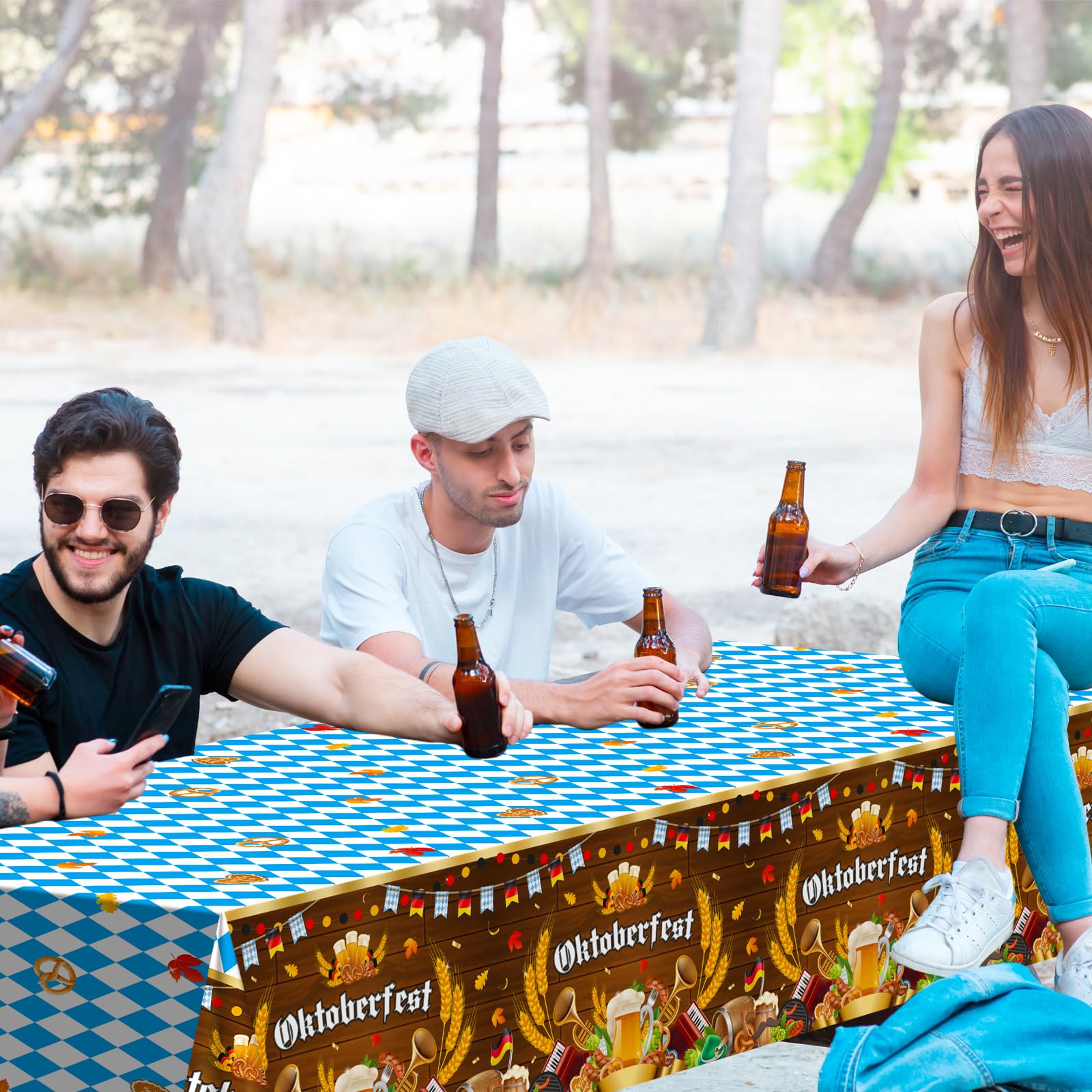 Avezano 3-Pack Blue & White Checkered Oktoberfest Tablecloths - 108x54 Inch Disposable Plastic Tablecovers for Beer Festival Party Decor