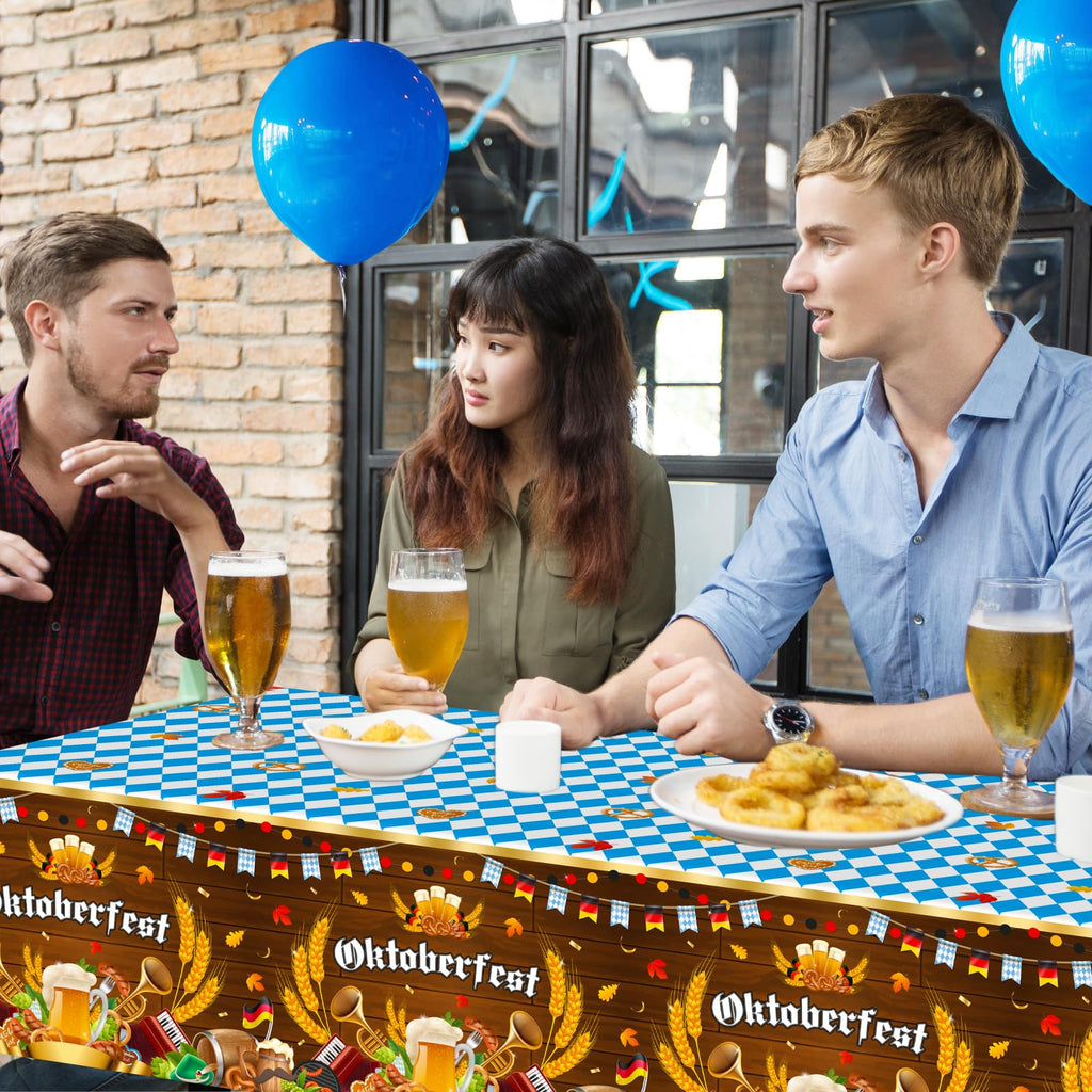 Avezano 3-Pack Blue & White Checkered Oktoberfest Tablecloths - 108x54 Inch Disposable Plastic Tablecovers for Beer Festival Party Decor