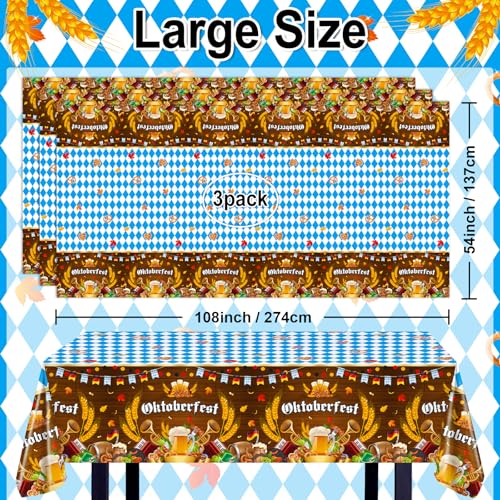 Avezano 3-Pack Blue & White Checkered Oktoberfest Tablecloths - 108x54 Inch Disposable Plastic Tablecovers for Beer Festival Party Decor