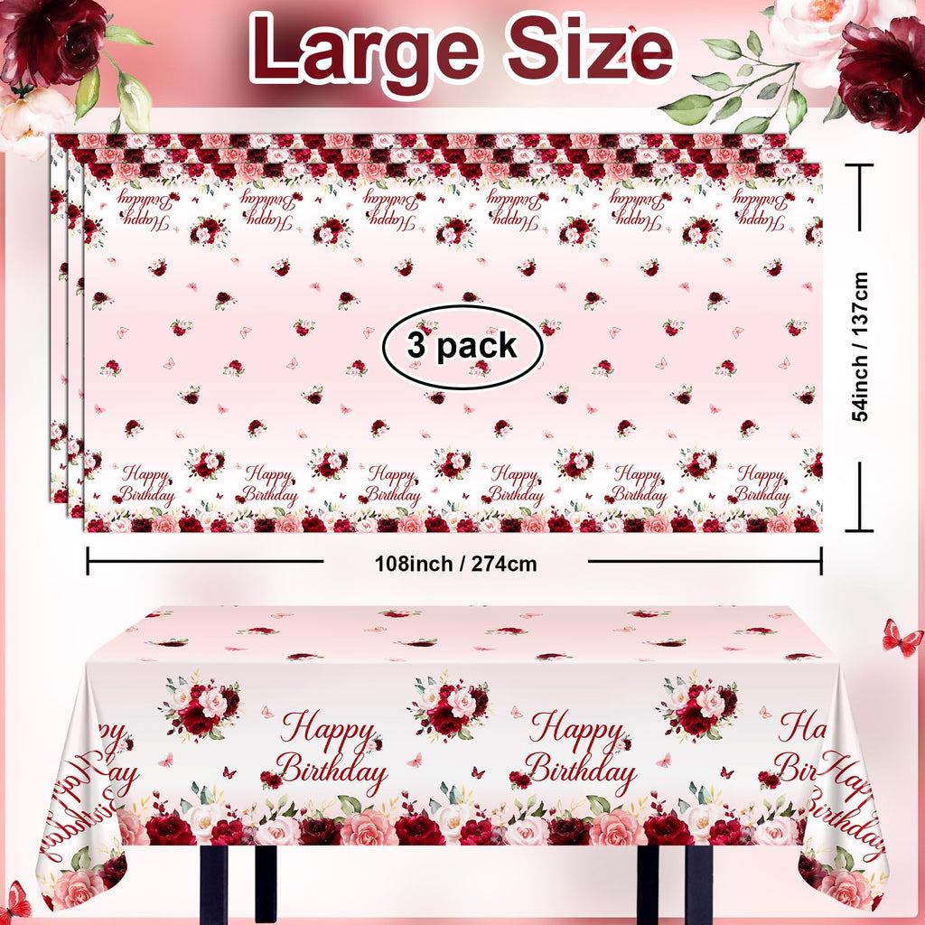 Avezano 3-Pack Burgundy Floral Birthday Tablecloths – 108x54 Inch Plastic Disposable Table Covers for Women's Parties