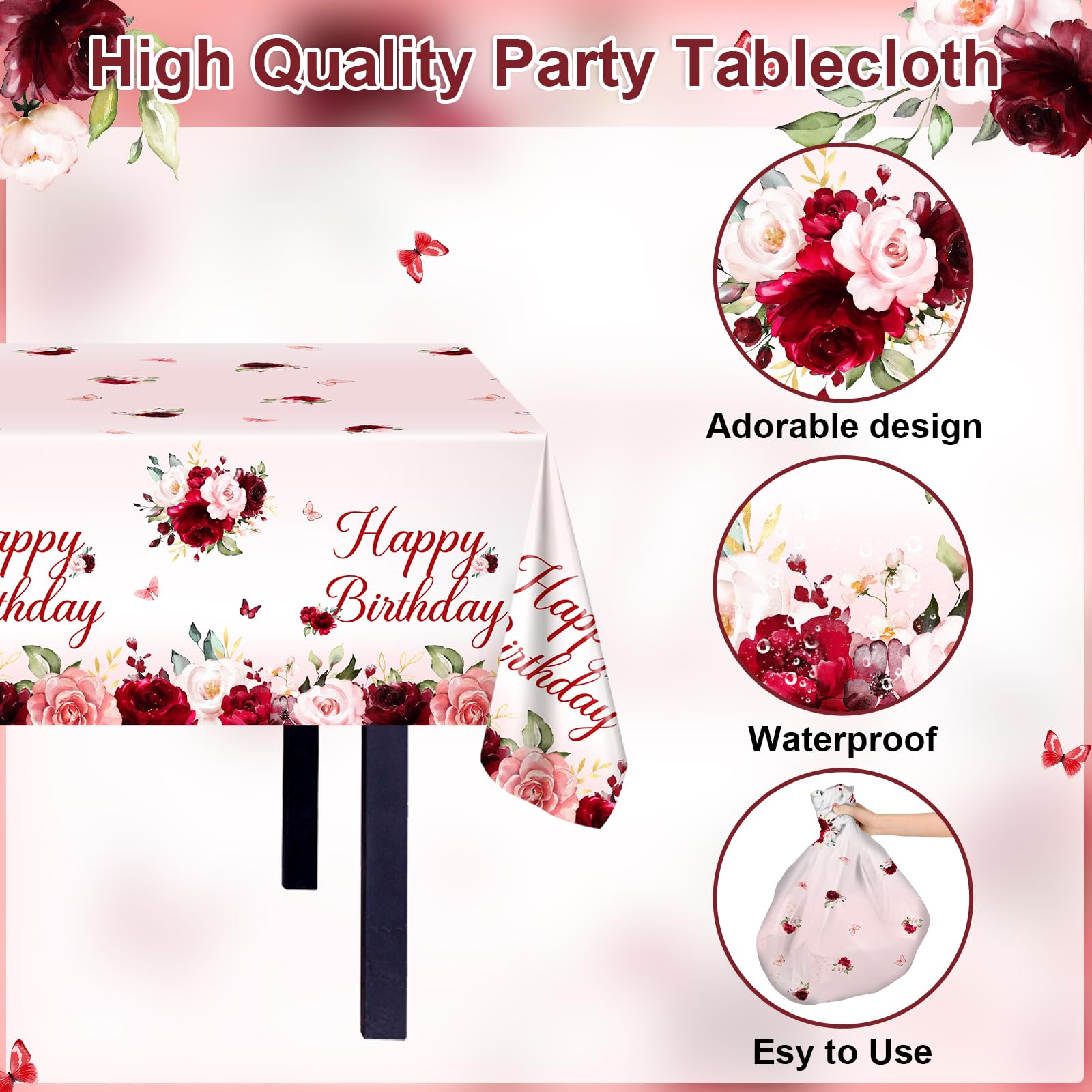 Avezano 3-Pack Burgundy Floral Birthday Tablecloths – 108x54 Inch Plastic Disposable Table Covers for Women's Parties