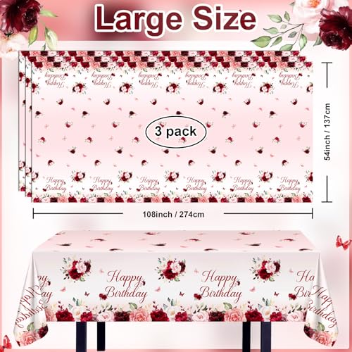 Avezano 3-Pack Burgundy Floral Birthday Tablecloths – 108x54 Inch Plastic Disposable Table Covers for Women's Parties