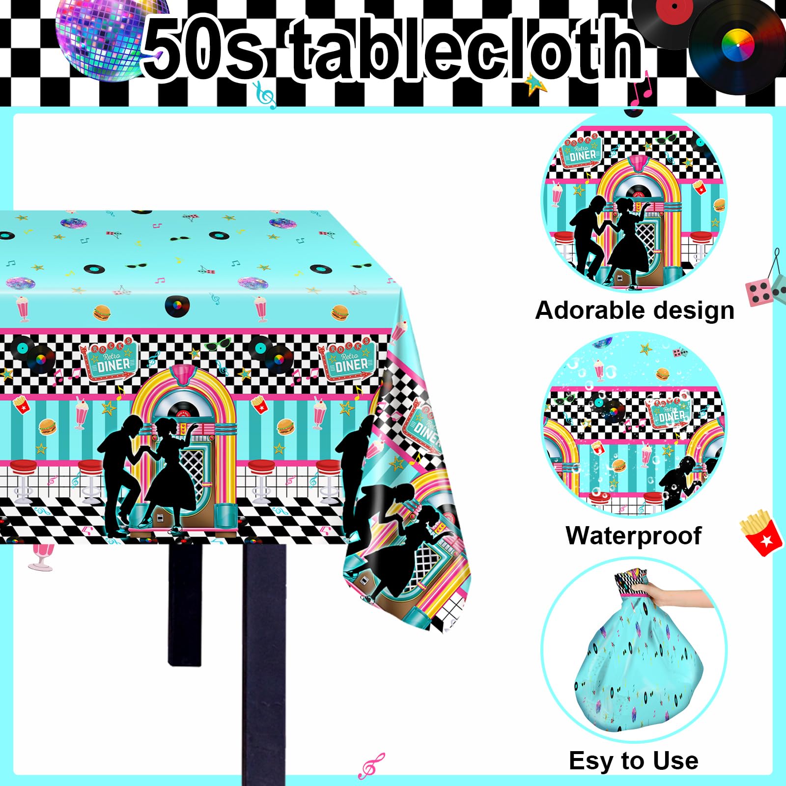 Avezano 3 Pack Retro 50s Music Tablecloths - 108x54 Inch Plastic Party Cover